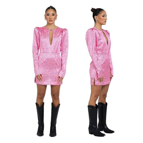 Rotate Birger Christensen Heart Print Satin Dress Pink Princess Coquette Size 6 - Picture 1 of 6